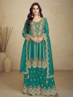 Bright Teal Real Chinon Party Wear Sharara Suit